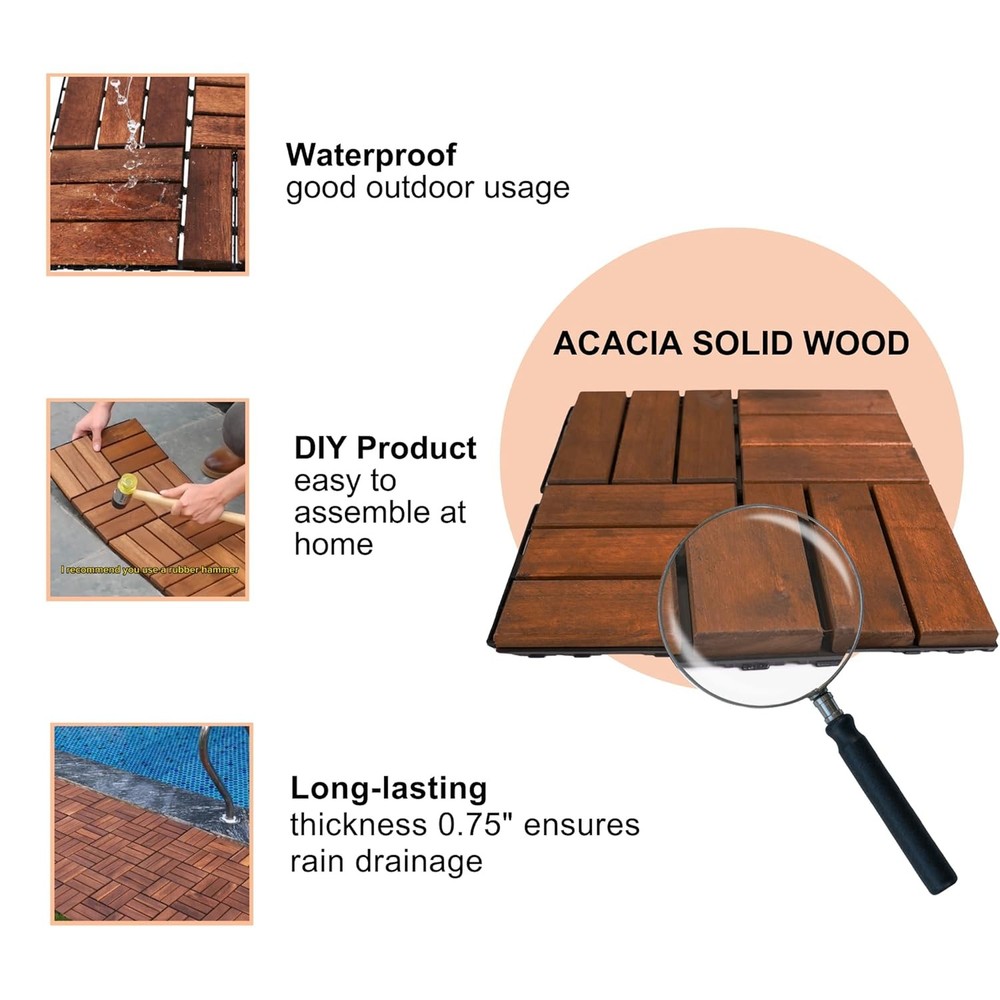 10 PCS Interlocking Deck Tiles, Solid Wood Patio Flooring Outdoor Waterproof, 12
