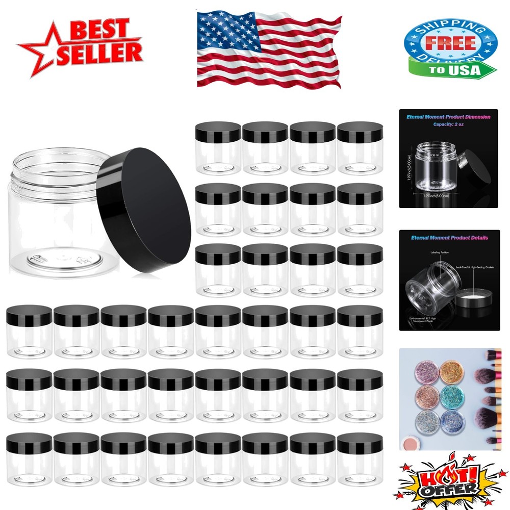 36 Pack 2 OZ Clear Plastic Jars with Black Lids - Leak Proof & Versatile Storage