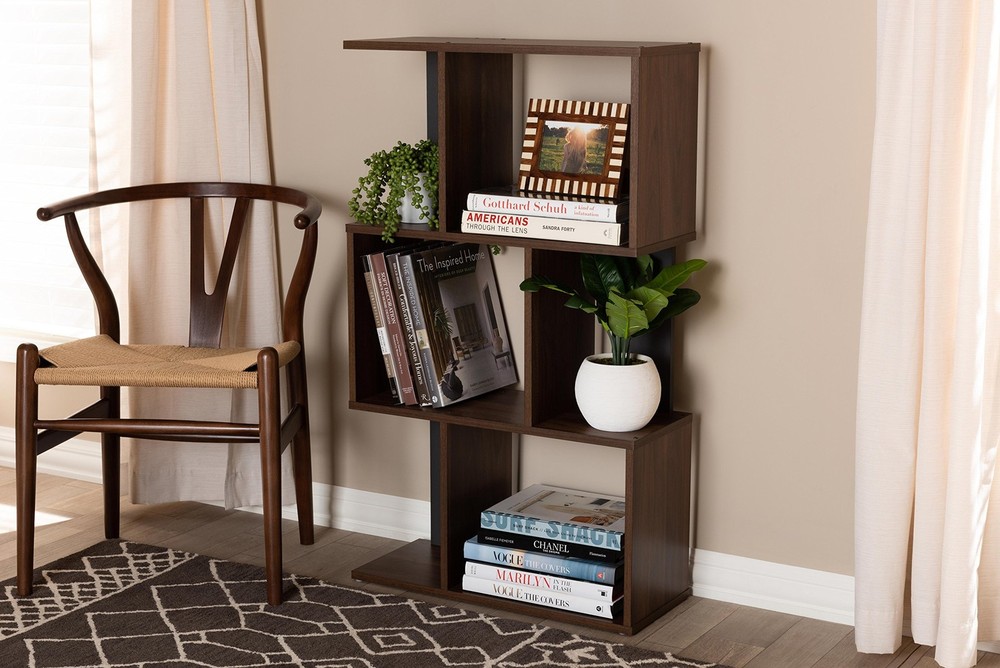 Baxton Studio Vivace Display Bookcase Walnut Brown Dark Grey Modern