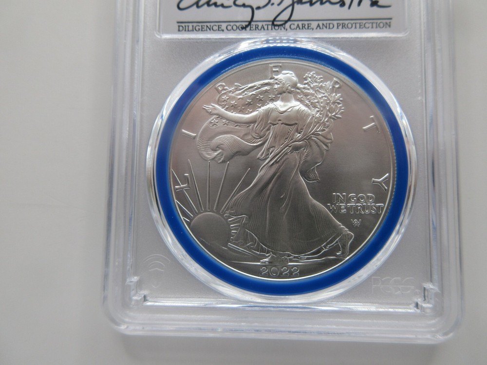 2022-W Burnished Silver Eagle Advanced Release; Mint Designer Damstra PCGS SP70