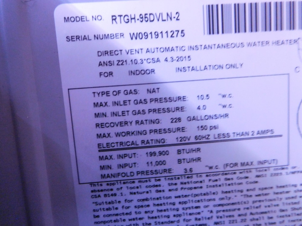 RHEEM TANKLESS WATER HEATER RTGH-95DLVN-2 BTU/HR 11,000/199,900 120V 228 GALLONS