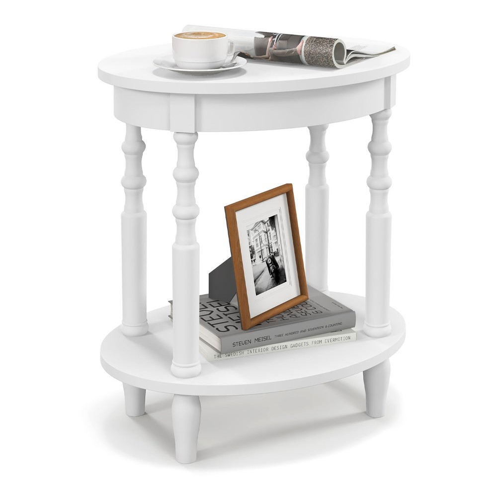 2-Tier End Table Oval Compact Sofa Side Nightstand w/ Storage Shelf White