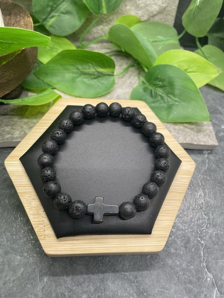 Handmade Stone Bead Stackable 7” Plus Stretch Bracelet Cross New Free Ship B8331