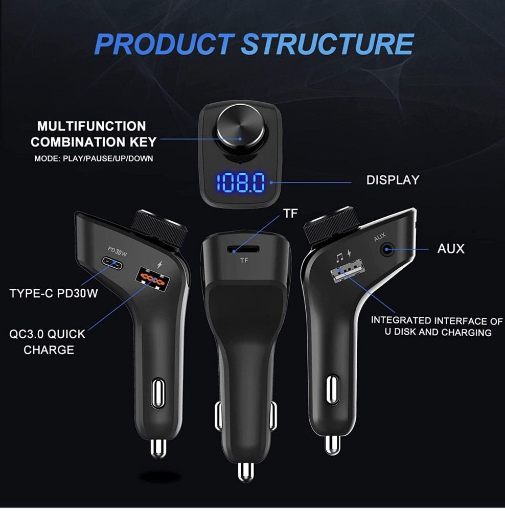 Bluetooth 5.0 Car Wireless FM Transmitter Adapter 2 USB PD Charger AUX