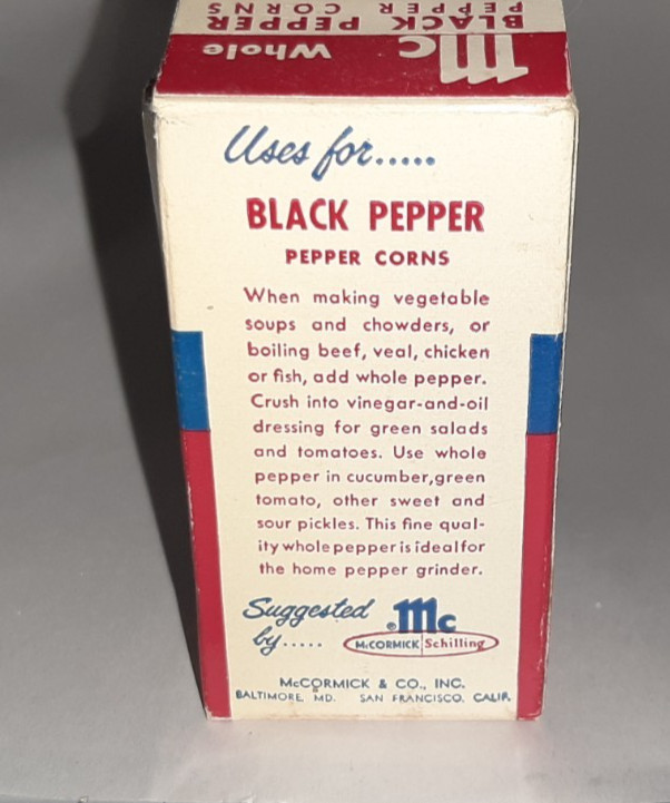 vintage McCormick black pepper corns paper box empty
