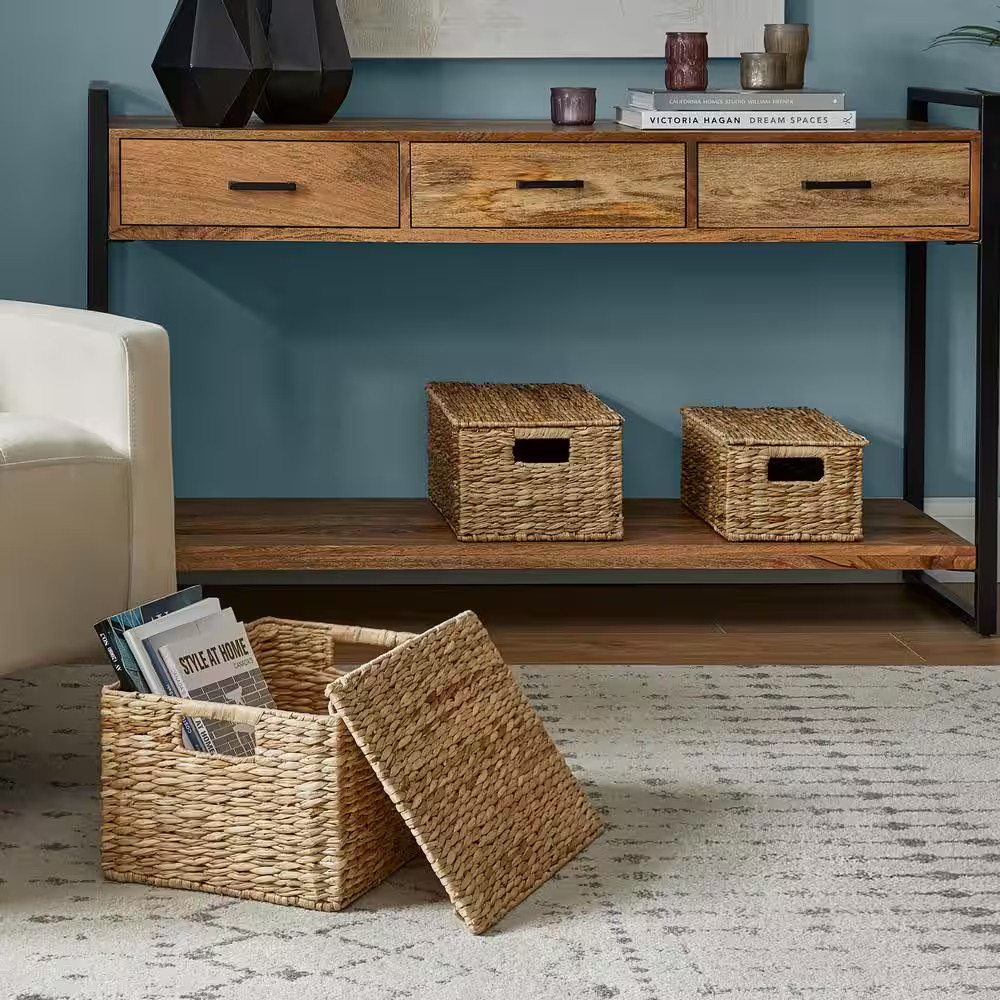 Rectangular Bulrush Lidded Storage Basket (Set of 3)