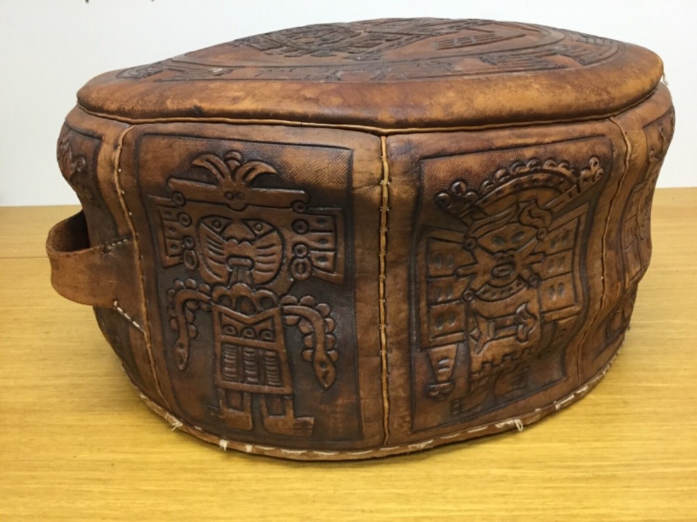VIntage PERUVIAN Leather Round 21” Dia. Footstool w/Handle