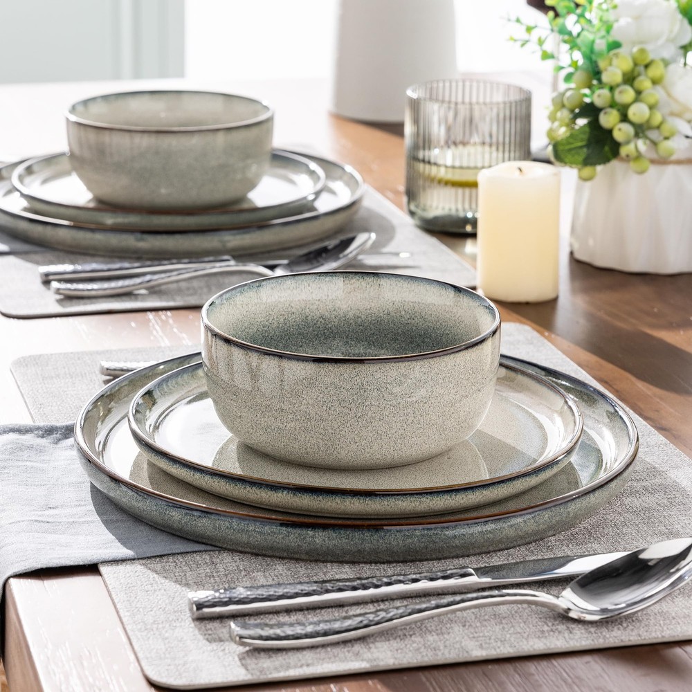 Ceramic Dinnerware Sets for 4, 12 Pieces Stoneware Plates and Bowls Sets, Rea...