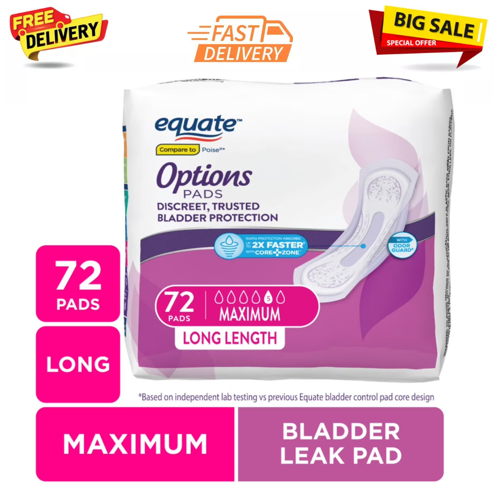 Options Women's Incontinence Pads Extra Coverage, Maximum, Long Length, 72 Count