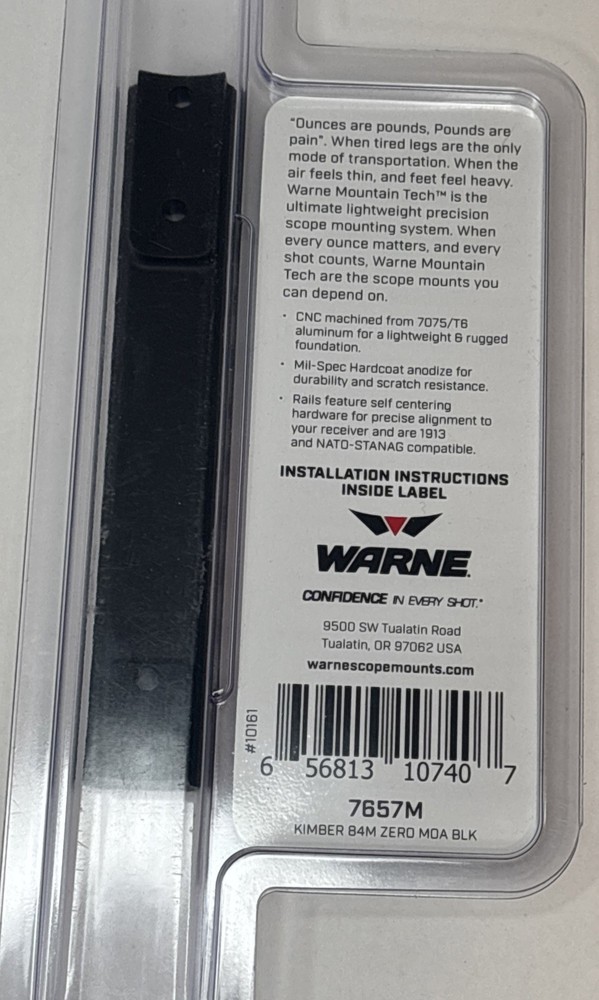 Warne 7657M Kimber 84M Scope Base Zero MOA Rail