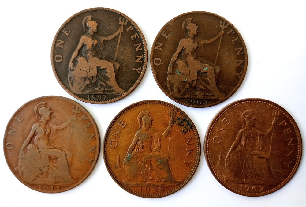 British Pre Decimal Penny Coins 5 Monarchs Set