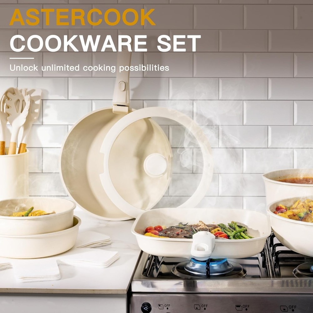 23Pcs Stackable Non-Stick Cookware Set: Detachable Handles, Oven Safe