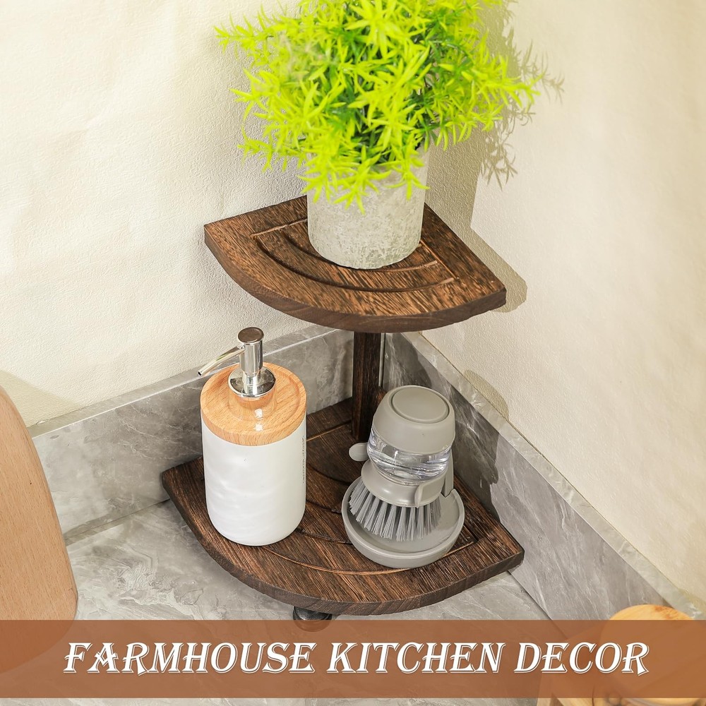 Decorative Wood Riser for Display, 2-Tier Rustic Corner Shelf for Kitchen Bat...