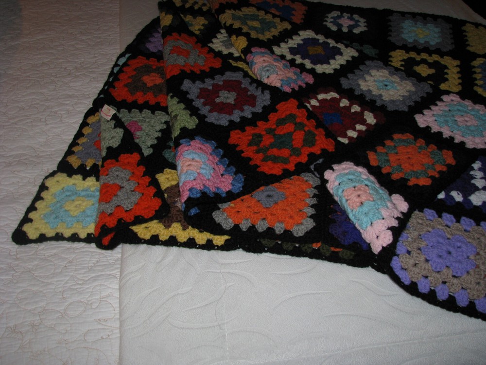Handmade Crocheted Afghan/Blanket Multicolor & Black Trim Edging