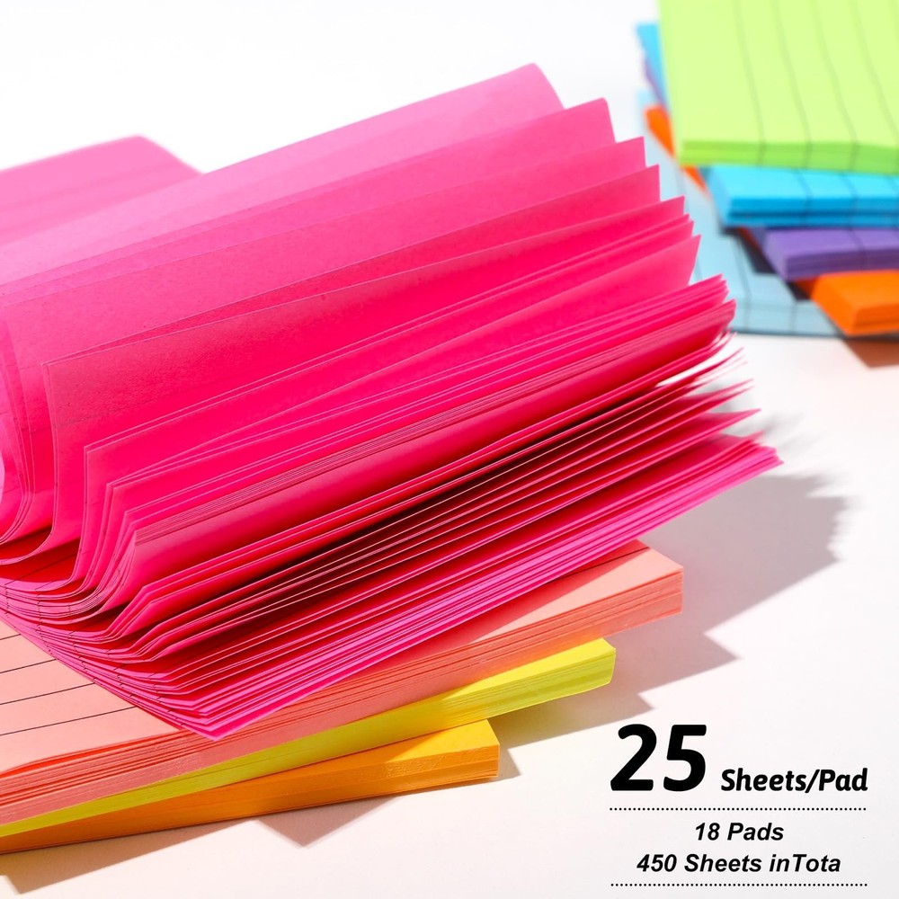 18 Pack Lined Sticky Notes 9 Bright Colors Self-Stick Note Pads with Lines 4x...