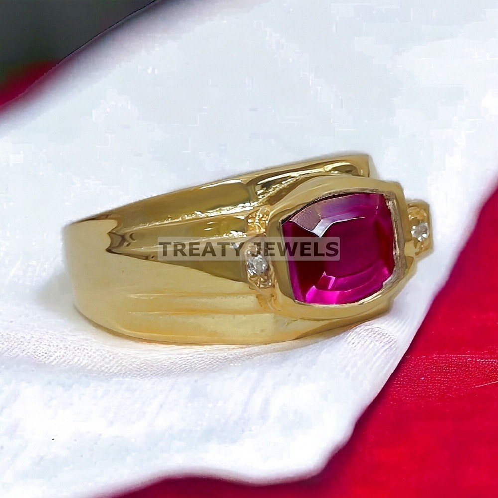 Ruby Cushion Cut With 925 Sterling Silver Gold Plated Ring For Men's #973