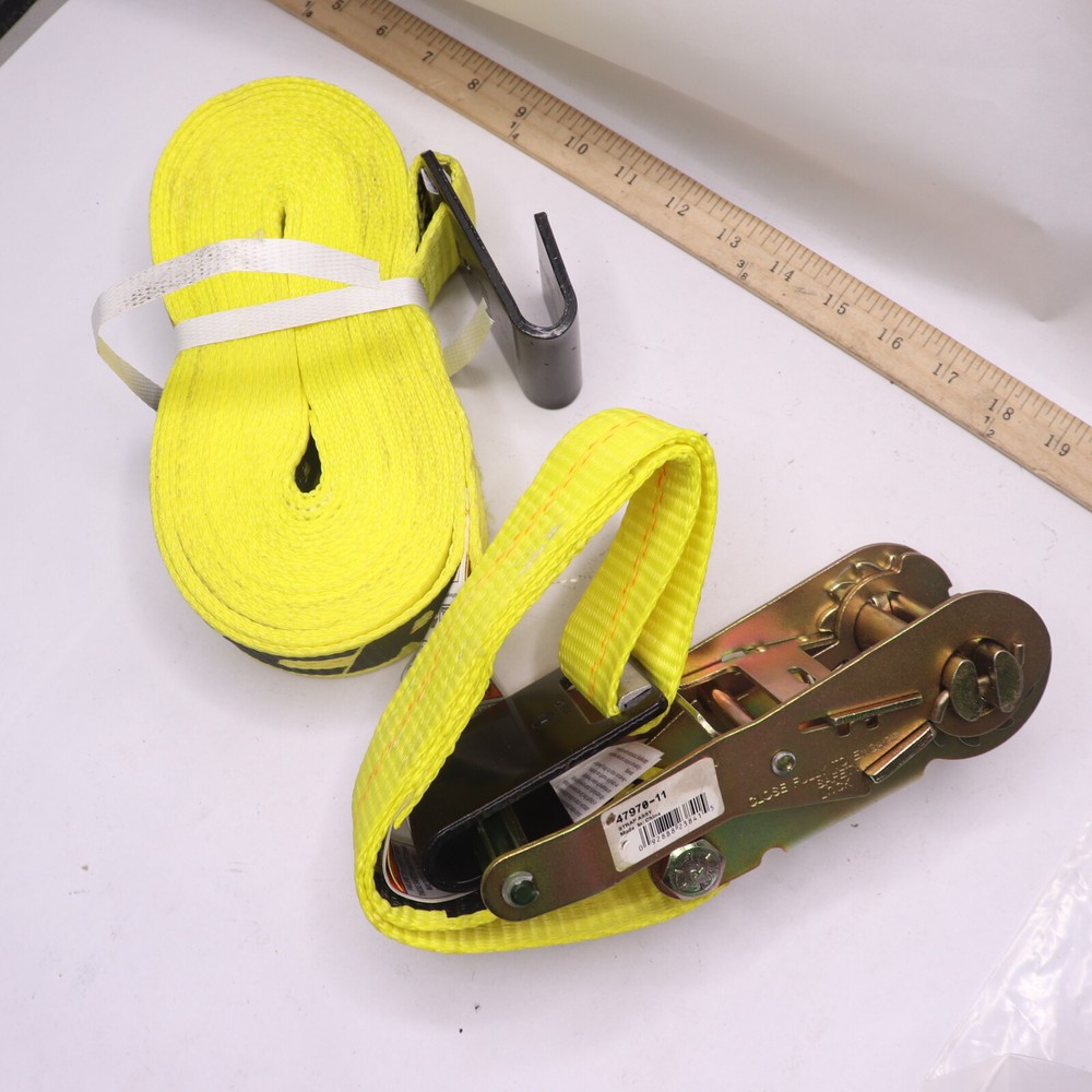 Ancra Ratchet Tie Down Strap Yellow Polyester w/ Flat Hooks & Short/Wide Handle
