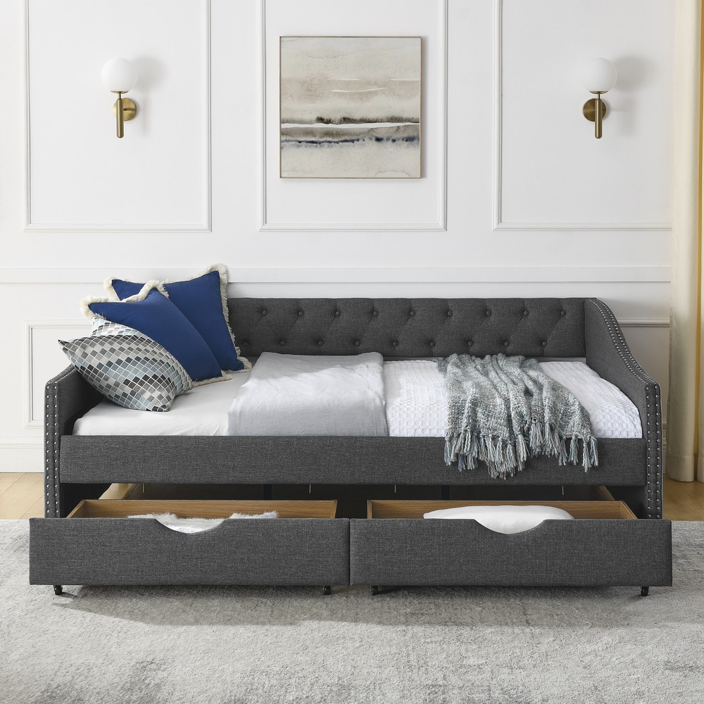 Full Size Daybed with Drawers Upholstered Tufted Sofa Bed, with Button on Back a