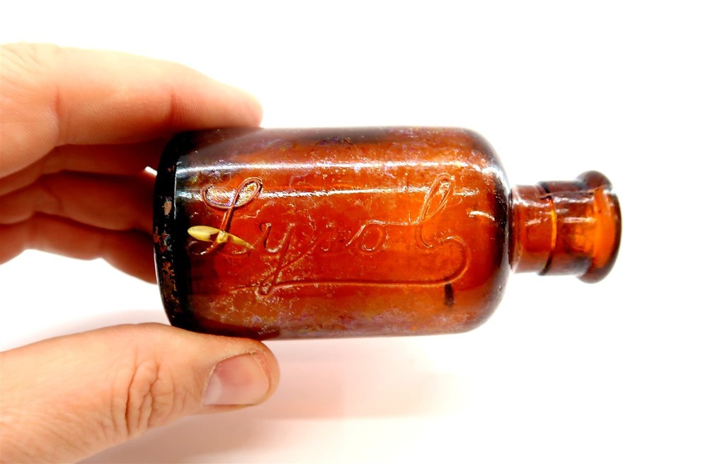 Vintage LYSOL Brown Embossed Bottle with Large Cursive Script 4" Tall