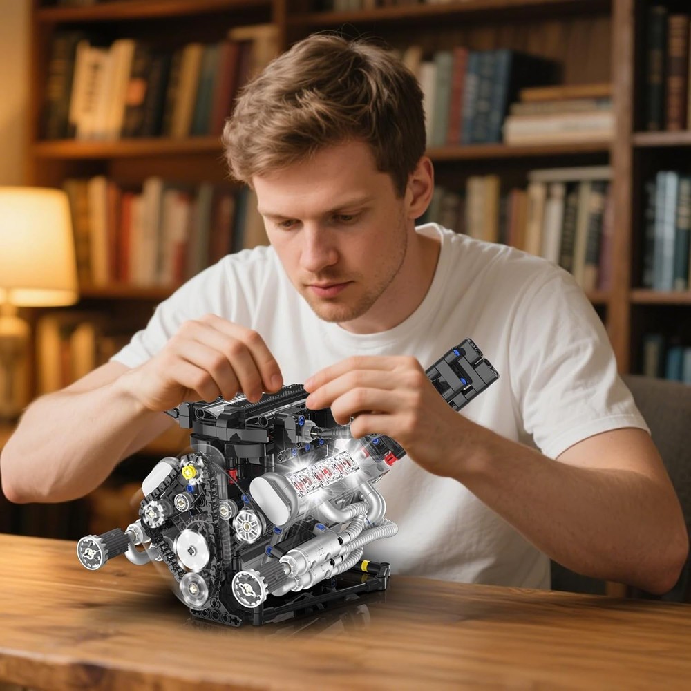V8 Mini Engine Model Kit That Runs Building Sets with Motor. APP Control Technic