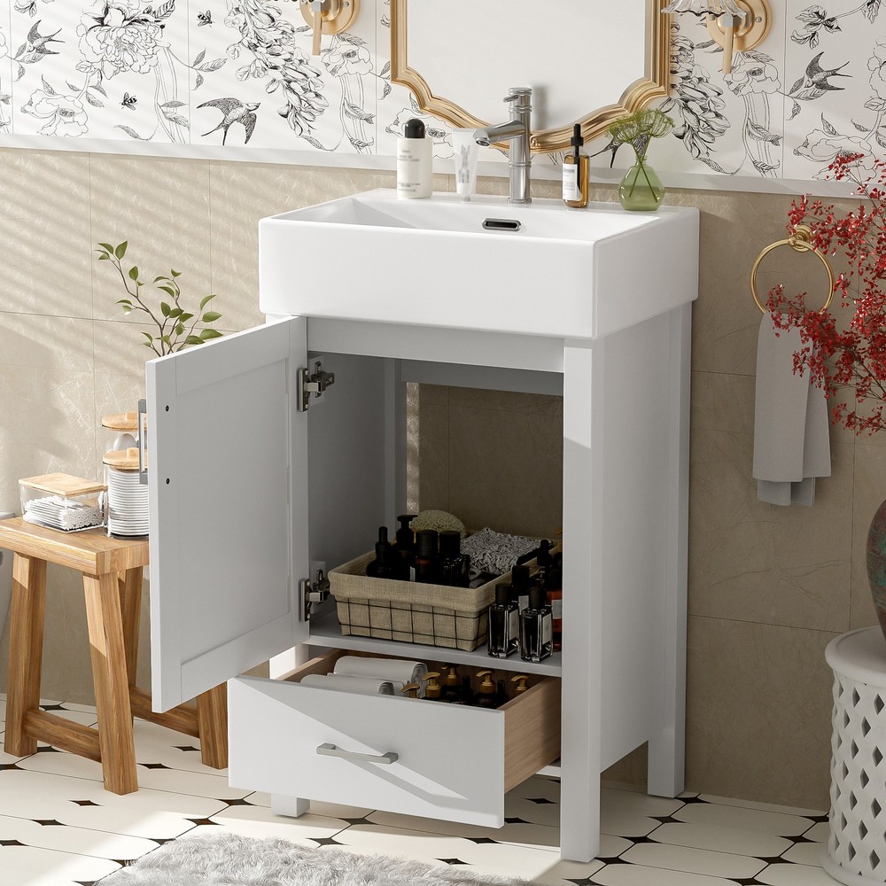 20.28'' White Modern Bathroom Vanity with Ceramic Sink, Solid Wood Frame, and Dr