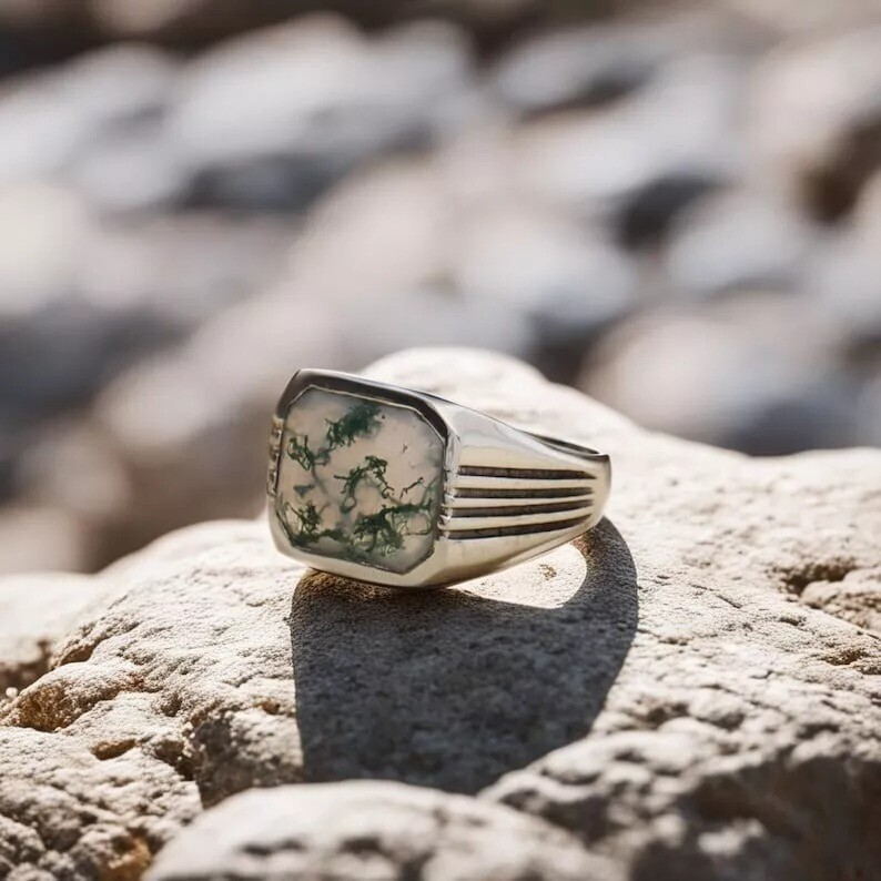 Natural Moss Agate Ring 925 Sterling Silver Ring Men's Agate Ring Gift For Him