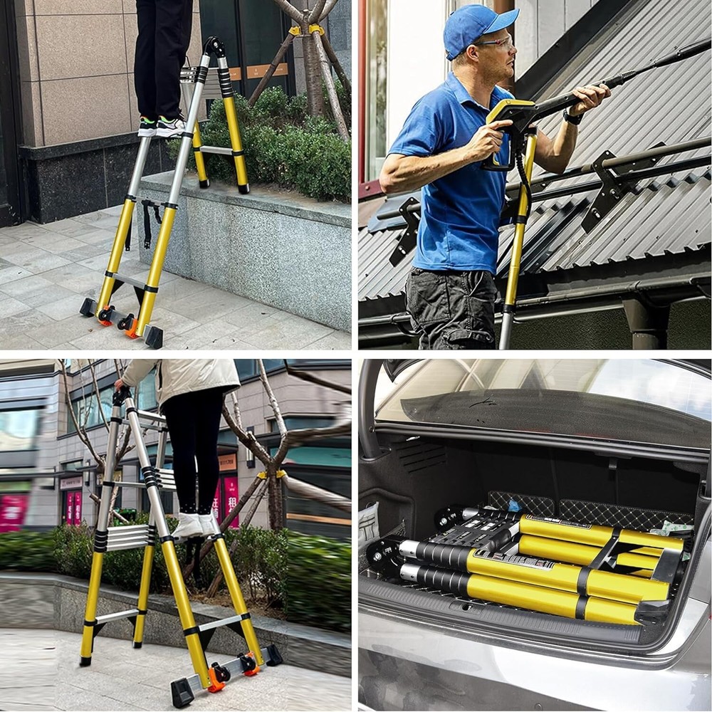 Telescoping Ladder A Frame, 18 Ft Compact Aluminum Extension Telescopic Step