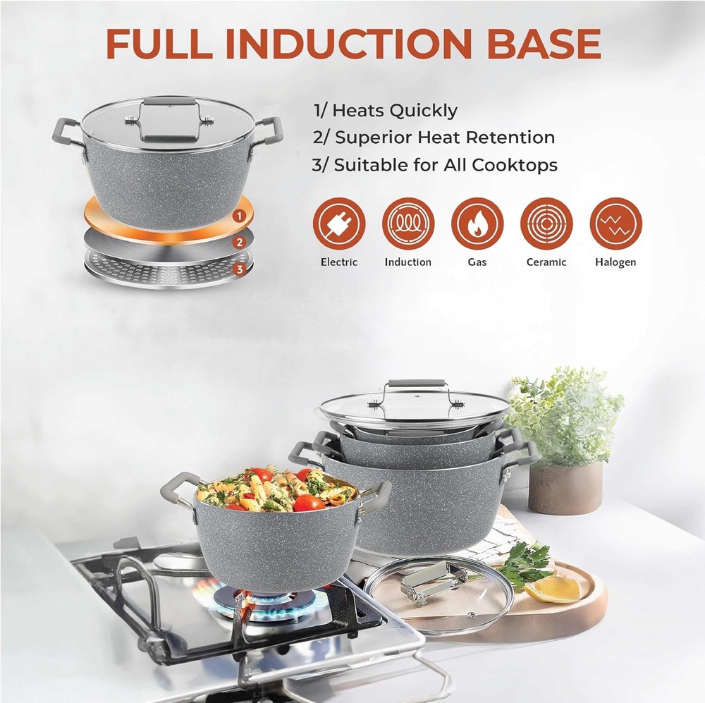 Granitestone Gray Pots and Pans Set Nonstick, 6 Stackable Piece Cooking Pots Set