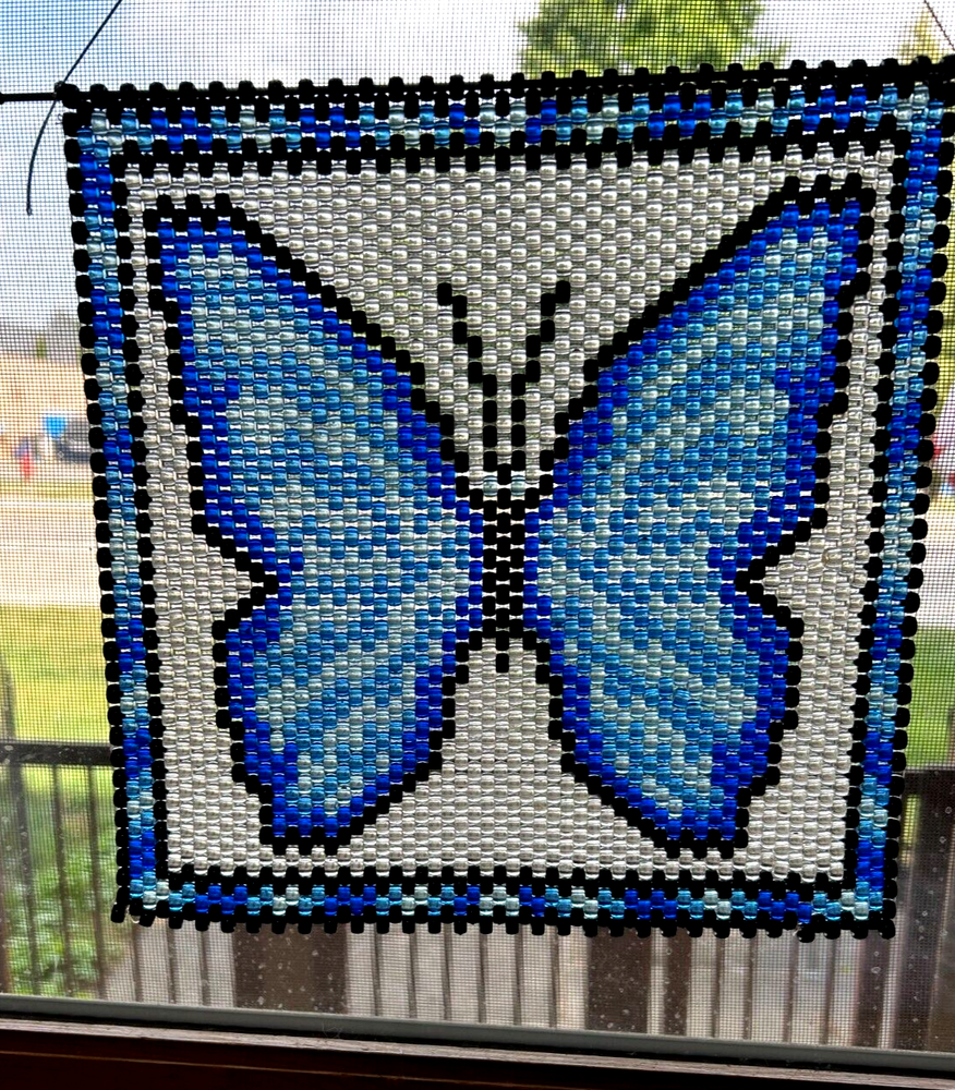 Super Nice Blue Butterfly Beaded Window Wall Hanger, Vintage 10"