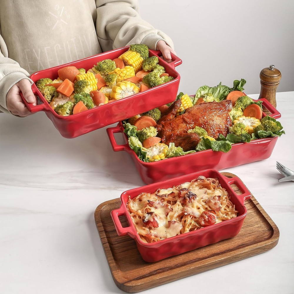 Red Ceramic Baking Pans Set 3pc Rectangular Lasagna Casserole Dish