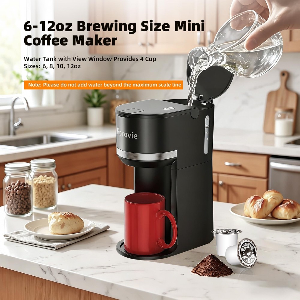 Horavie Mini Single Serve Coffee Maker for K Cup and 9.45 Inches, Black