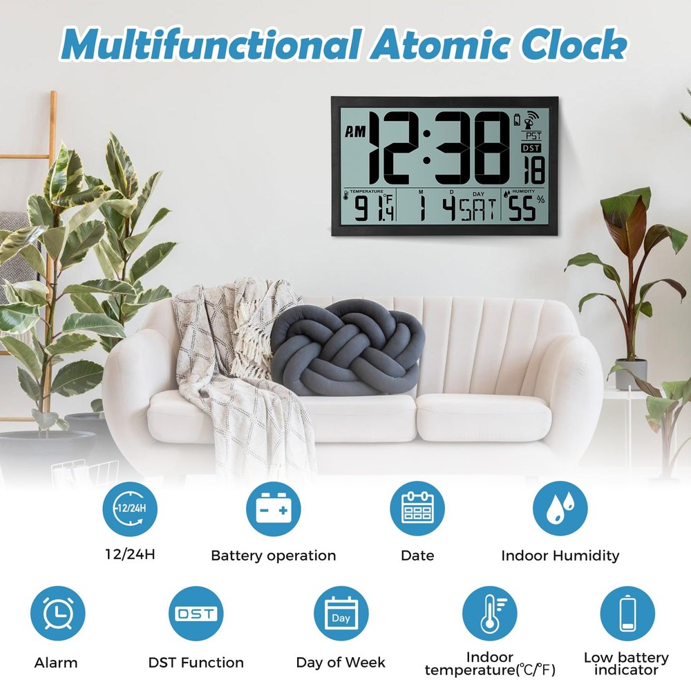 Atomic Clock,16.7" Large Display Digital Wall Clock Battery Operated,Digital ...