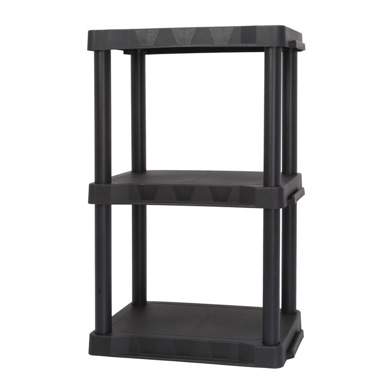 3 Tier Black Plastic Shelf Unit Tool Free Assembly 150lb Capacity Garage Storage