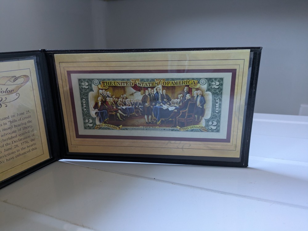 Colorized Genuine Two Dollar US Bill with Holder