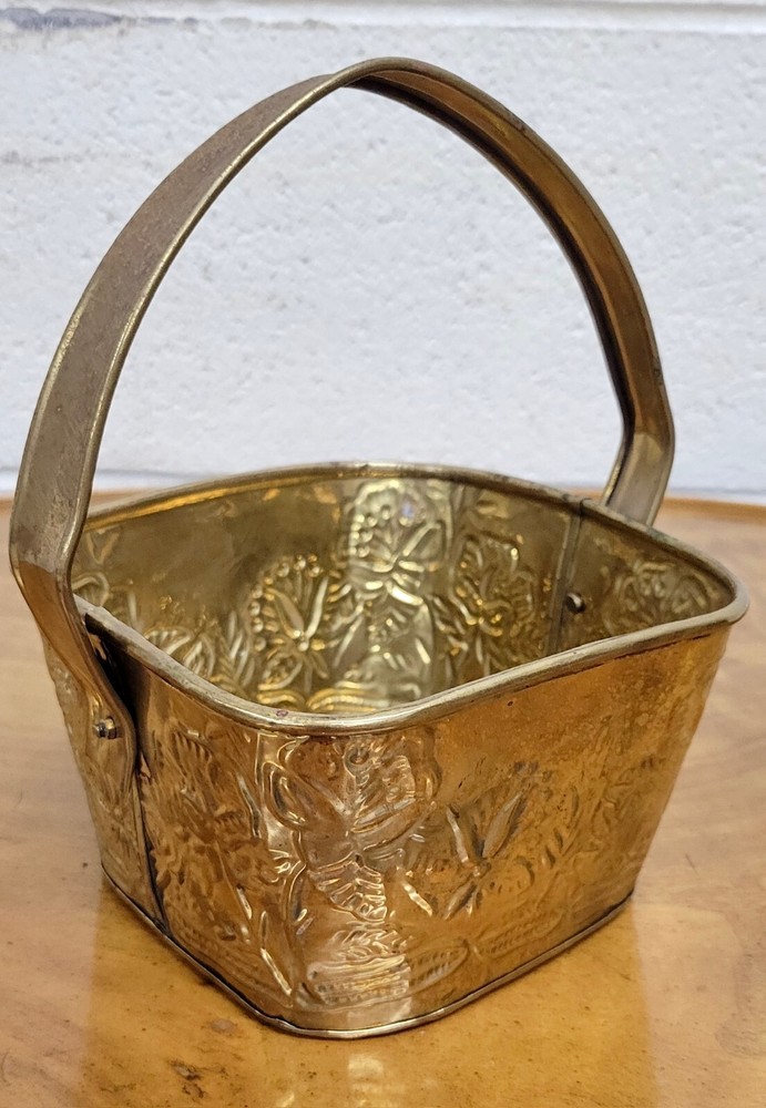 Vintage Brass Floral Embossed Basket with Adjustable Handle