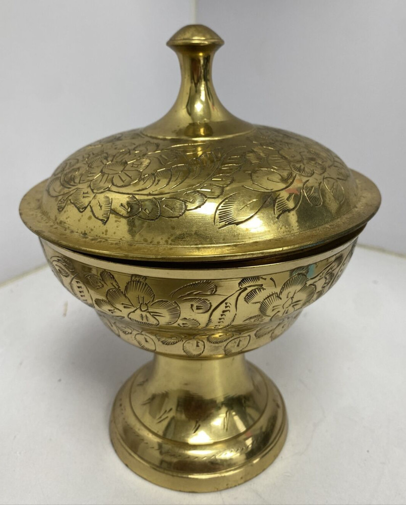 Vintage Brass Etched Bowl Dish Urn
