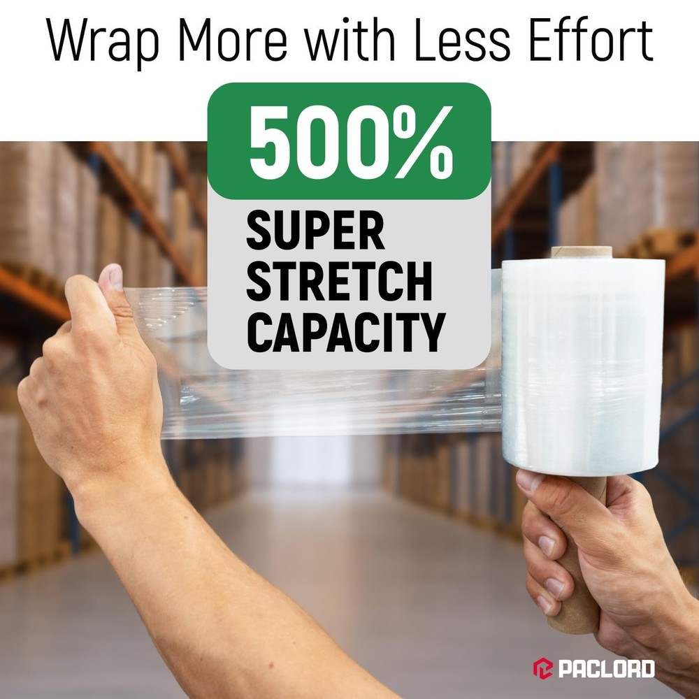 5" x 1000' Industrial Strength Clear Stretch Wrap with Extended Core Handle, ...