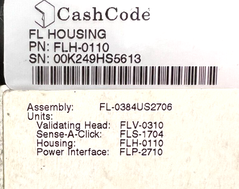 CASH CODE FRONT LOAD BILL VALIDATOR FL-0305US2731 HOUSING