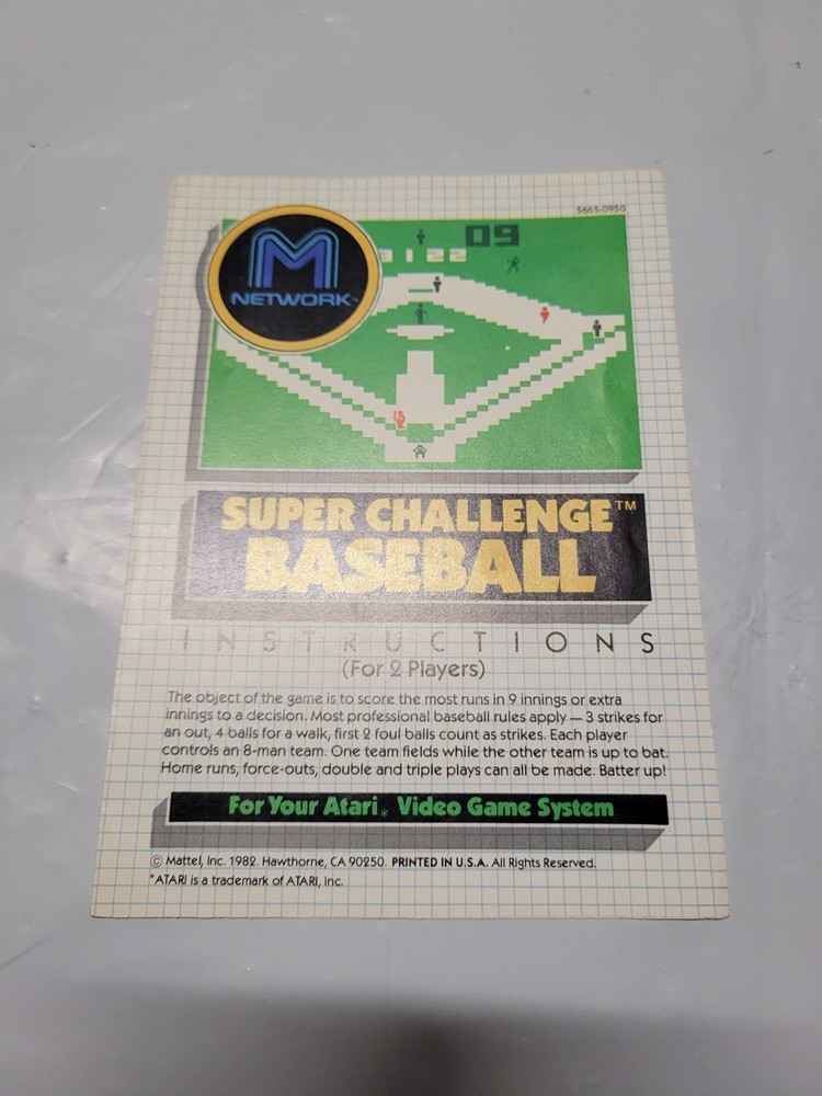 1982 Super Challenge Baseball M Network Atari Instruction Manual Booklet
