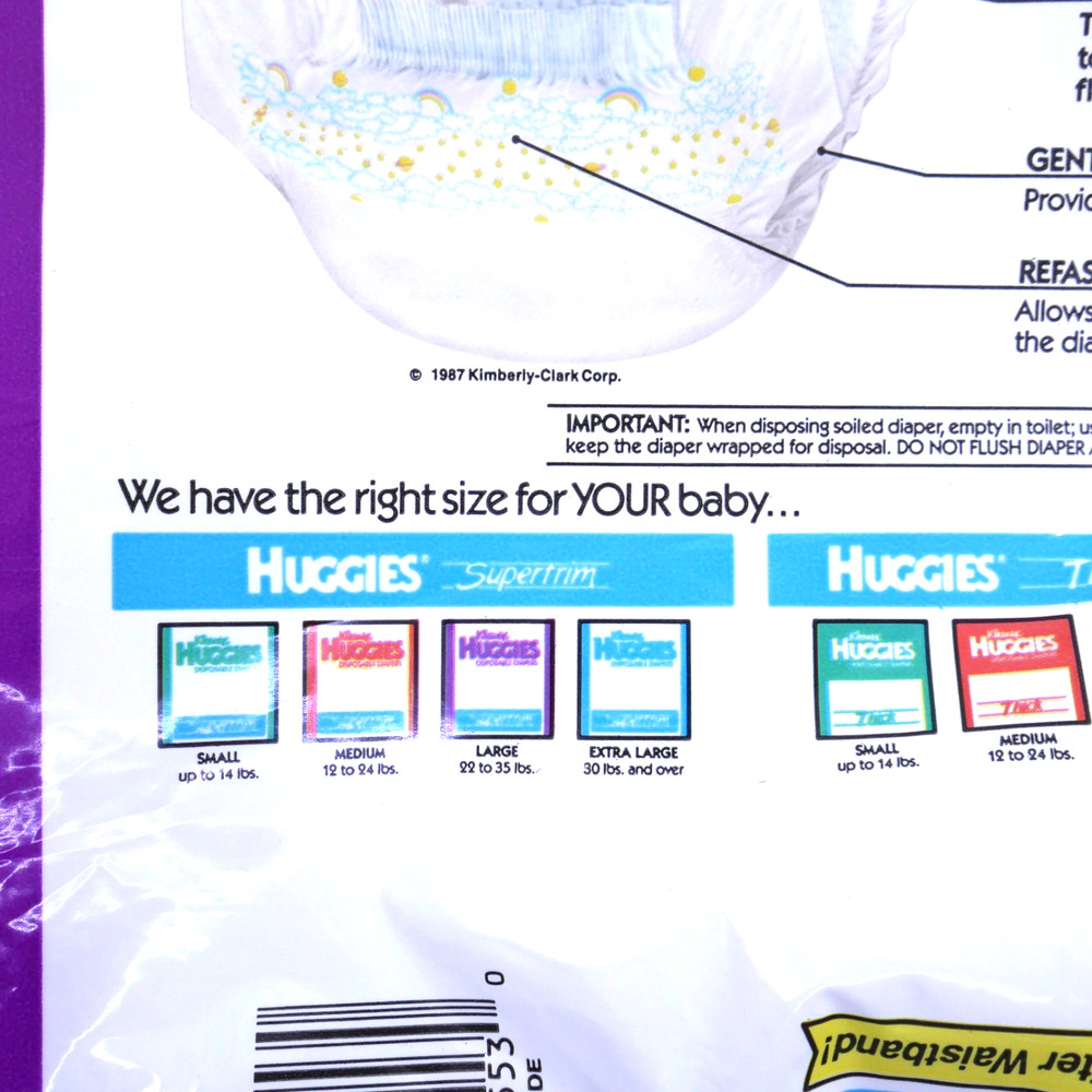 TWO Vintage Huggies Large plastic backed diapers 1987