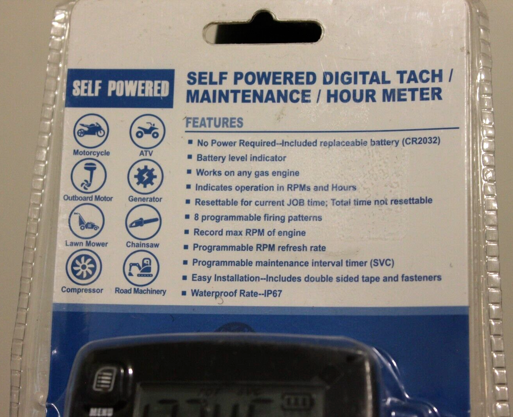 Backlight Digital Tach Maintenance Hour Meter LCD Self Powered Tachometer