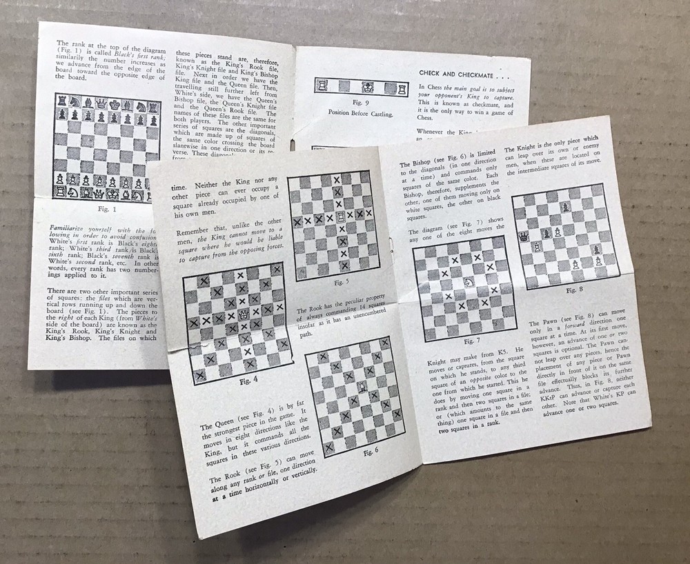 Vintage 1945 E. S, Lowe Co. Tournament Chessmen Staunton Pattern Set & Rules