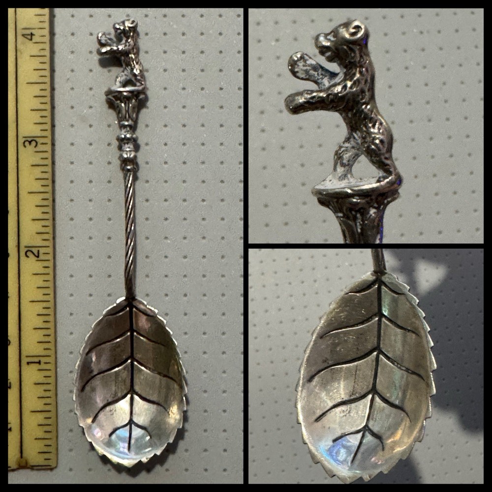 Silver Souvenir Spoon Leaf Bowl Bear Topper