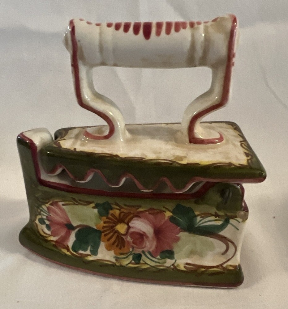Ceramic Sad Iron Hand Painted Sewing Thread Box Very Good Condition!