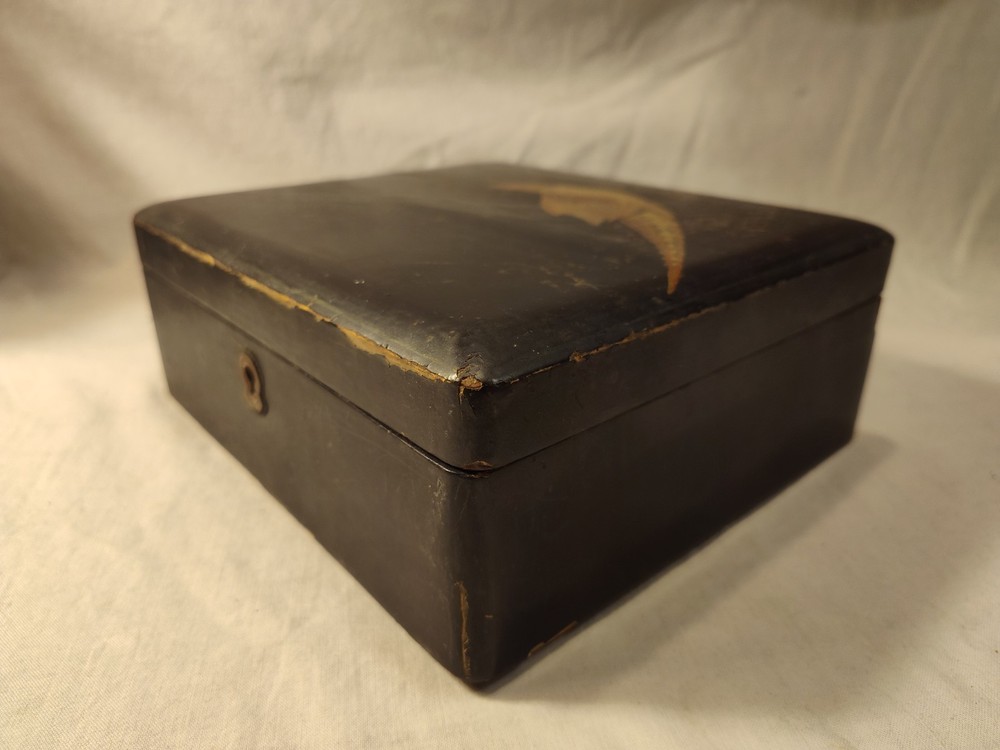 Antique Boho Shabby Chic Black Lacquer Japanese Box Pheasant Bird