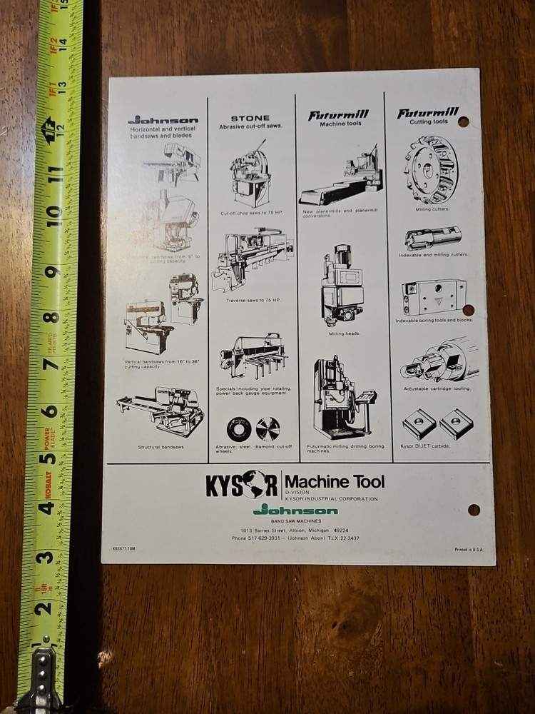 KYSOR JOHNSON BAND SAWA MODELS B J R CATALOG MACHINE TOOL
