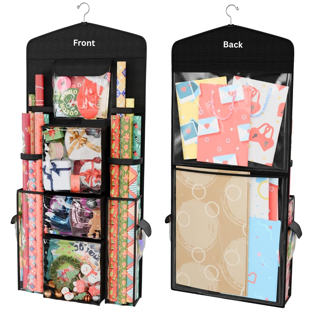 Hanging Double Sided Wrapping Paper Storage Organizer With Multiple Pockets O...