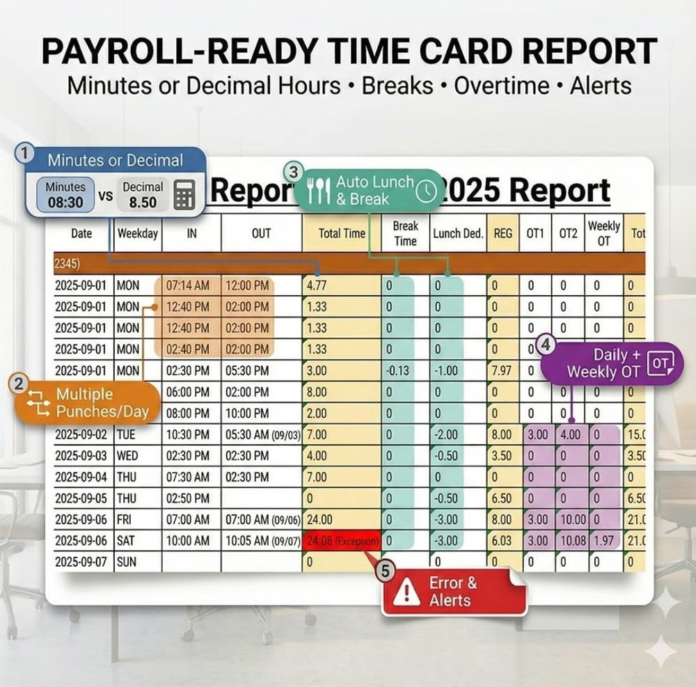 App-Based Time Clock, 5s Setup, Auto Break, Lunch & Overtime Rules, Local Data