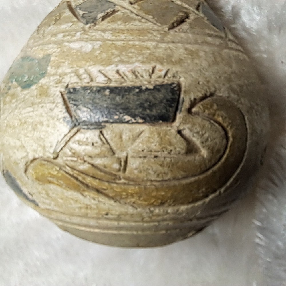 Primitive Style Clay Vase has Fish Boat Diamond Pattern Painted Scraffito Small