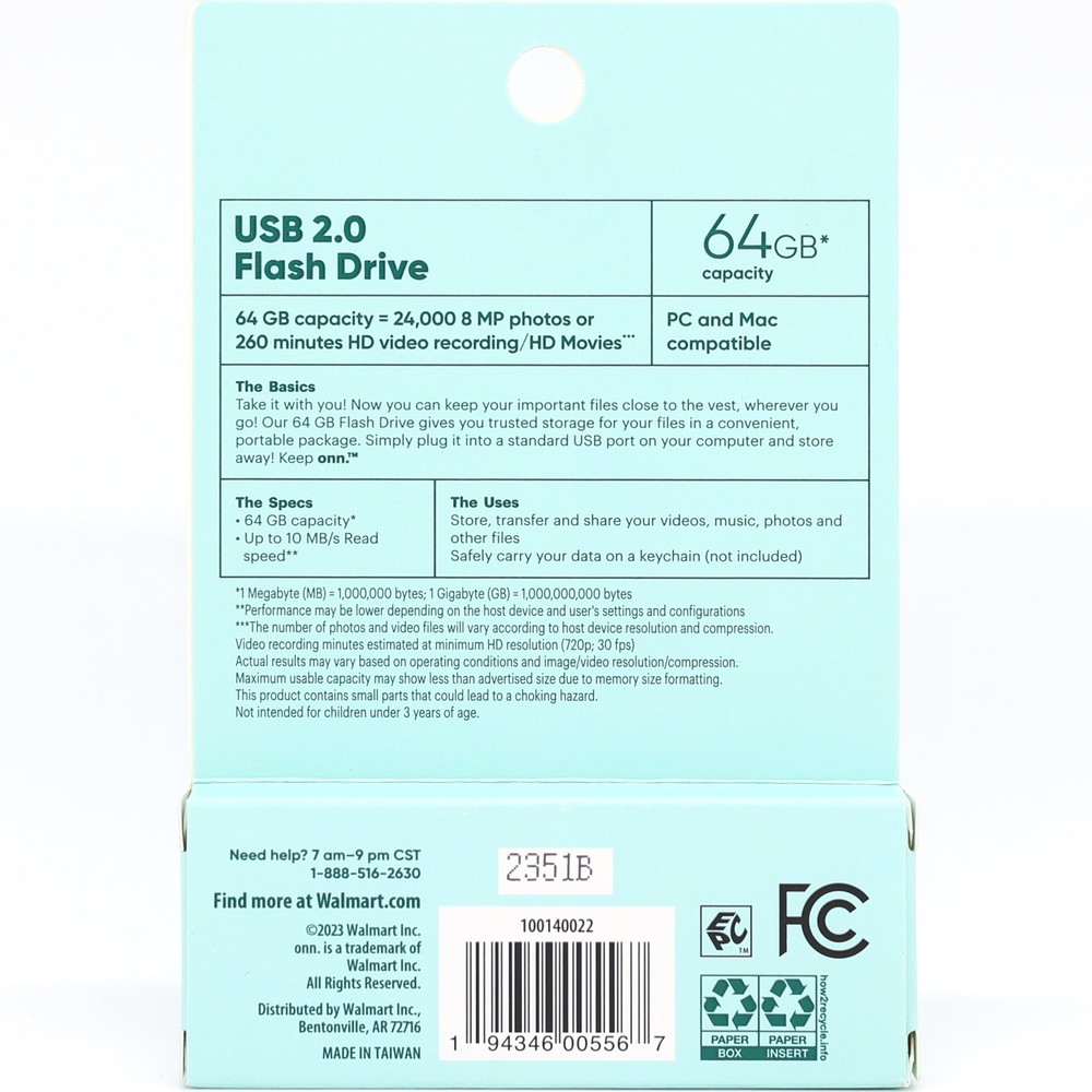 onn. USB 2.0 Flash Drive for Tablets and Computers, 64 GB Capacity